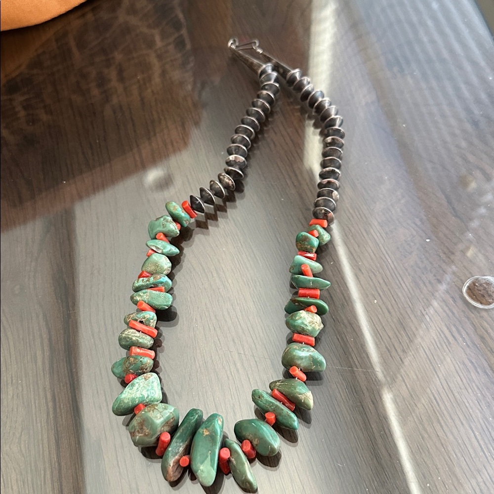 Native American sterling silver necklace with natural turquoise & red coralbeads